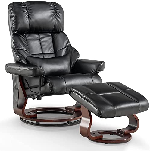 MCombo Massagesessel mit Hocker, 360°drehbarer Relaxsessel mit Liegefunktion, moderner Fernsehsessel TV-Sessel mit Seitentasche für Wohnzimmer, Kunstleder, 9068 (Schwarz) von M MCombo