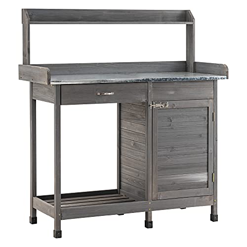 MCombo Pflanztisch Gärtnertisch Blumentisch 0440EY, mit verzinkt Arbeitsplatte Schublade Unterschrank, Wetterfest, Holz, anthrazit, 112 x 47 x 125 cm (Grau) von M MCombo