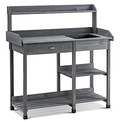 MCombo Pflanztisch Gärtnertisch Blumentisch 0458EY mit Waschbecken Schublade und Ablagefläche Wetterfest Holz, 115 x 45 x 121 cm (Anthrazit) von M MCombo
