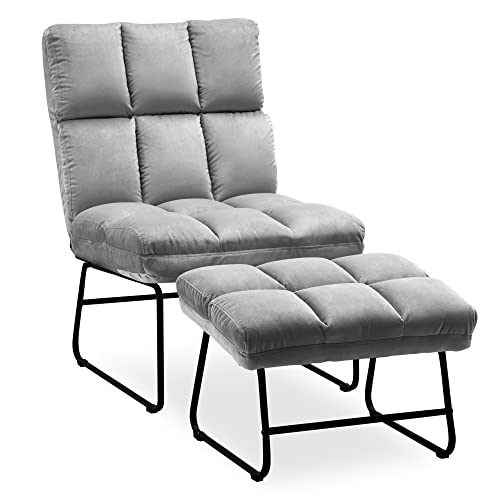 MCombo Sessel mit Hocker, Relaxsessel für Wohnzimmer, moderner Fernsehsessel Loungesessel Stuhl, Samt, 0014 (hellgrau) von M MCombo