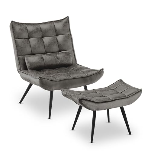 MCombo Sessel mit Hocker, moderner Relaxsessel mit Taillenkissen für Wohnzimmer, Retro Vintage Lesesessel Loungesessel Stuhl Polstersessel 4779 (Dunkelgrau, mit Hocker) von M MCombo