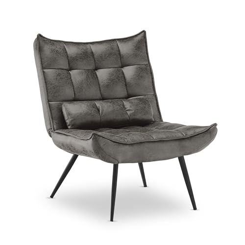 MCombo Sessel mit Hocker, moderner Relaxsessel mit Taillenkissen für Wohnzimmer, Retro Vintage Lesesessel Loungesessel Stuhl Polstersessel 4779 (Dunkelgrau, ohne Hocker) von M MCombo