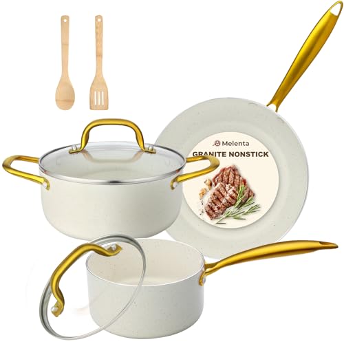 M MELENTA Topf- und Pfannenset, antihaftbeschichtet, 7-teiliges weißes Granit-Kochgeschirr-Set, Antihaft-Küchen-Kochset mit goldfarbenem Griff und Utensil, ofenfest (PFOS, PFOA-frei) von M MELENTA