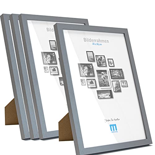 M MERCEO 4 Stk. Bilderrahmen A4 in grau aus MDF, minimalistisch & modern für Fotos & Bilder im DIN A4-Format. Inkl. Acrylglasschutz. Als Tisch-Aufsteller und für die Wand, Hochformat oder Querformat von M MERCEO