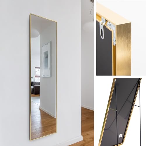 Rechteckiger Ganzkörper Standspiegel schmal 40x140cm, eingefasst im edlen goldenem Aluminium Rahmen - kristallklare Spiegelung mit High-Definition-Glas - für Schlafzimmer, Bad, Flur, Wohnzimmer von M MERCEO