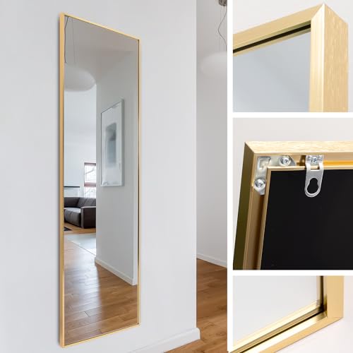 Rechteckiger Ganzkörper Standspiegel schmal 40x150cm, eingefasst im edlen goldenem Aluminium Rahmen - kristallklare Spiegelung mit High-Definition-Glas - für Schlafzimmer, Bad, Flur, Wohnzimmer von M MERCEO