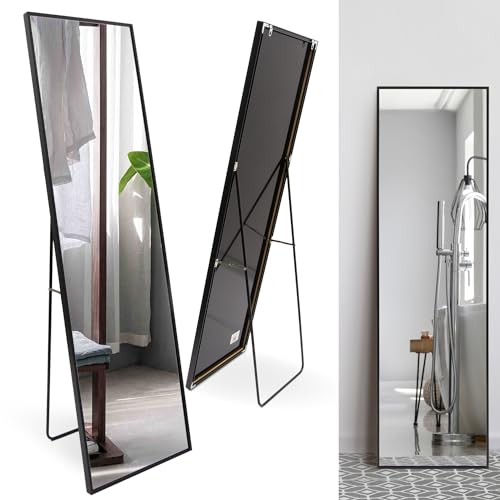 Rechteckiger Ganzkörper Standspiegel schmal 50x140cm, eingefasst im edlen schwarzen Aluminium Rahmen - kristallklare Spiegelung mit High-Definition-Glas - für Schlafzimmer, Bad, Flur, Wohnzimmer von M MERCEO