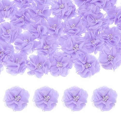 M METERXITY 15er-Pack Strass-Perlen-Chiffonblumen 2,17 x 2,17 Zoll Mesh-Stoffblumen Volle Chiffonblumen Haarspangenblume für Heimdekoration/Hochzeit/Haarbänder/DIY/Party/Garten [Lila] von M METERXITY