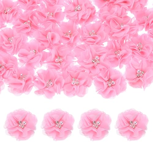 M METERXITY 15er-Pack Strass-Perlen-Chiffonblumen 2,17 x 2,17 Zoll Mesh-Stoffblumen Volle Chiffonblumen Haarspangenblume für Heimdekoration/Hochzeit/Haarbänder/DIY/Party/Garten [Pink] von M METERXITY