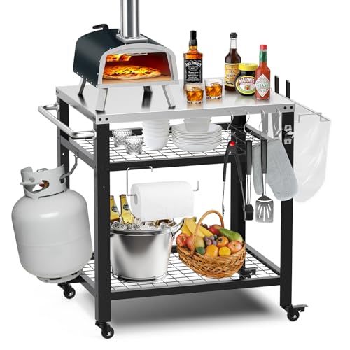 M METERXITY Edelstahl-Grillwagen mit drei Fächern, bewegliche Kochvorbereitungstische mit Rollen und Griff, Esstische, 81,3 x 61 x 88,9 cm von M METERXITY