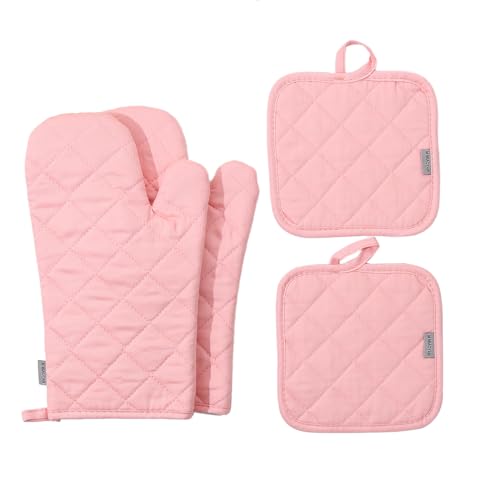Ofenhandschuhe und Topflappen, 4-teiliges Set, hoch hitzebeständig, 500 Grad, extra dick, lang, Küchenhandschuhe aus Baumwolle zum Kochen (30,5 cm, Rosa) von M MIAOYAN