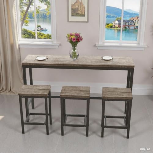 148CM Esstisch-Set im modernen Design mit 3 Hockern, Langer Küchentisch/Bartisch, Einfache Montage, Braun-Grau 148CM Esstisch-Set im modernen Design mit 3 Hockern, Langer Küchentisch/Bartisch, Einfache Montage, Braun-Grau von M MIDOULANDEXTYT