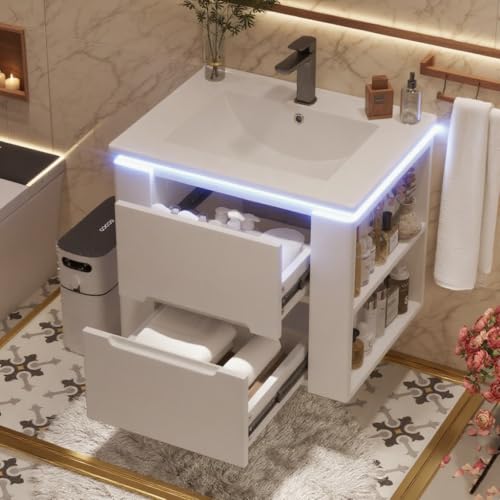 M MIDOULANDEXTYT Badezimmerschrank 61x46x48,5 cm – Wandhängend, Weiß, mit Waschbecken, LED-Radarsensor-Beleuchtung, 2 Schubladen, leise Schienen, 2 Seitenablagen, Volllackierung von M MIDOULANDEXTYT