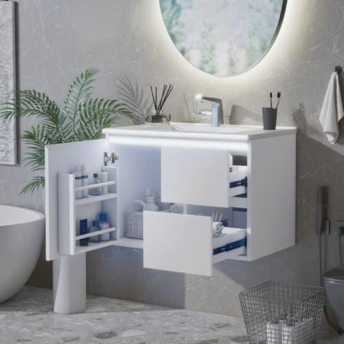 M MIDOULANDEXTYT Badezimmerschrank 76x46x50 cm – Wandhängend, Weiß, mit Waschbecken, LED-Radarsensor, 2 Schubladen, leise Schienen, seitliche Ablagen, Volllackierung von M MIDOULANDEXTYT