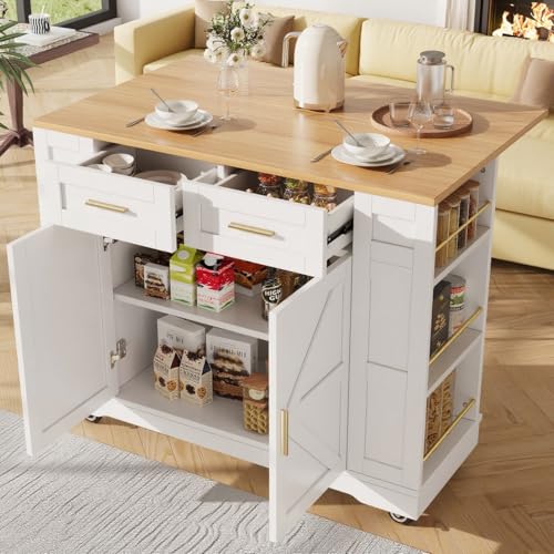 M MIDOULANDEXTYT Moderne Kücheninsel mit Holzmaserung – Multifunktionaler Küchenschrank & Buffetschrank mit Stauraum, Klapptisch & Stretchfunktion – Weiß von M MIDOULANDEXTYT