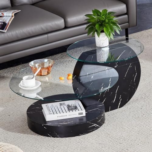 M MIDOULANDEXTYT Moderner Couchtisch mit gehärteter Glasplatte, mehrschichtigem Design & MDF-Struktur, Schwarze Holzoptik, wählbar von M MIDOULANDEXTYT