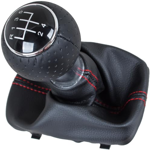 M MODECAR - Kompatibel mit Audi A3 I 8L 96-03 Schalthebelknauf SCHWARZ + SCHWARZER SCHALTSACK mit ROTER NAHT 5 GÄNGE für 8L0711113B, von M MODECAR