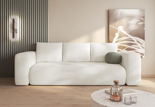 MODERNO Sofa mit Schlaffunktion und Bettkasten - Boucle Sofa mit 3 Sitzen und Robusten Überzug - Schlafcouch LAMBI - Modern Couch - 263x91x95 cm - Creme - Lambi 01 von Moderno Meble