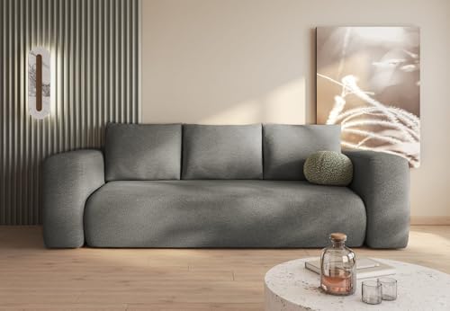 MODERNO Sofa mit Schlaffunktion und Bettkasten - Boucle Sofa mit 3 Sitzen und Robusten Überzug - Schlafcouch LAMBI - Modern Couch - 263x91x95 cm - Grau - Lambi 12 von Moderno Meble
