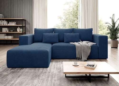 Moderno Ecksofa mit Schlaffunktion und Bettkasten Stripes - Sofa mit 3 Sitzer und Robuste überzug - Schlafcouch L-Form - Modern Couch Cord - 255x73x161 cm - Links Marine von Moderno Meble