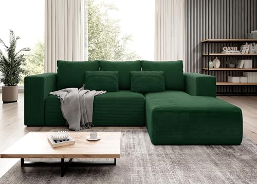 Moderno Ecksofa mit Schlaffunktion und Bettkasten Stripes - Sofa mit 3 Sitzer und Robuste überzug - Schlafcouch L-Form - Modern Couch Cord - 255x73x161 cm - Rechts Flaschengrün von Moderno Meble