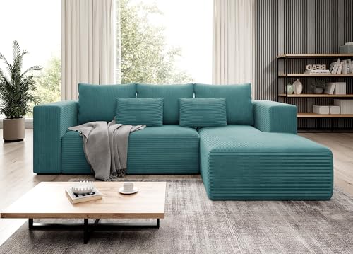 Moderno Ecksofa mit Schlaffunktion und Bettkasten Stripes - Sofa mit 3 Sitzer und Robuste überzug - Schlafcouch L-Form - Modern Couch Cord - 255x73x161 cm - Rechts Türkis von Moderno Meble