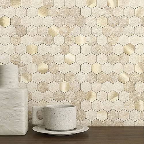 M MOFIT 3D Wandfliesen Selbstklebend Küche,Sechseck Mosaik Mosaikfliesen Marmorfliesen Fliesenaufkleber Marmor Optik(Beige 10 Blatt) von M MOFIT