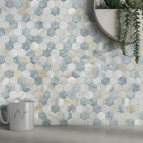 M MOFIT 3D Wandfliesen Selbstklebend Küche,Sechseck Mosaik Mosaikfliesen Marmorfliesen Fliesenaufkleber Marmor Optik(Blau Grau 10 Blatt) von M MOFIT