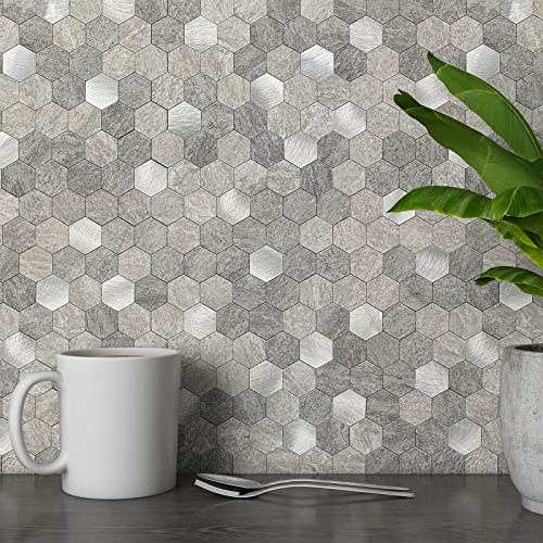 M MOFIT 3D Wandfliesen Selbstklebend Küche,Sechseck Mosaik Mosaikfliesen Marmorfliesen Fliesenaufkleber Marmor Optik(Grau 10 Blatt) von M MOFIT