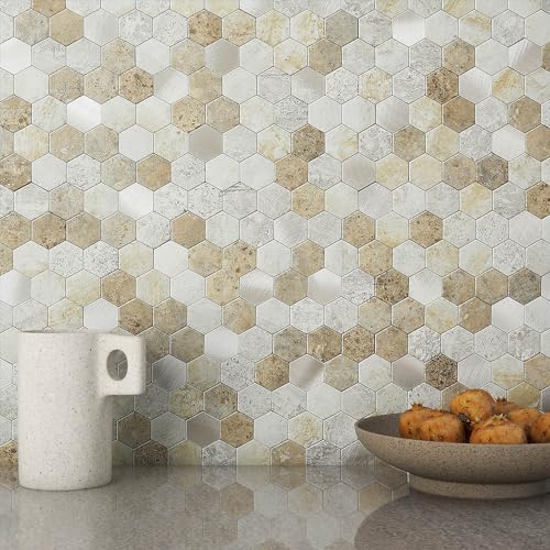 M MOFIT 3D Wandfliesen Selbstklebend Küche,Sechseck Mosaik Mosaikfliesen Marmorfliesen Fliesenaufkleber Marmor Optik(Schloss Braun 5 Blatt) von M MOFIT