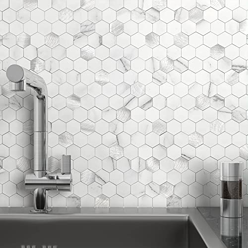 M MOFIT 3D Wandfliesen Selbstklebend Küche,Sechseck Mosaik Mosaikfliesen Marmorfliesen Fliesenaufkleber Marmor Optik(Weiß Silber 10 Blatt) von M MOFIT