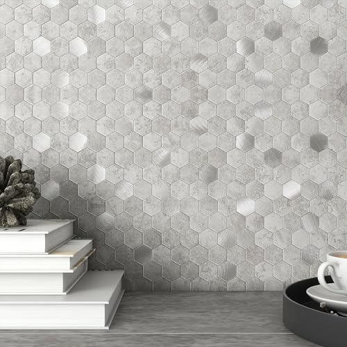 M MOFIT 3D Wandfliesen Selbstklebend Küche,Sechseck Mosaik Mosaikfliesen Marmorfliesen Fliesenaufkleber Marmor Optik(Zementgrau 5 Blatt) von M MOFIT
