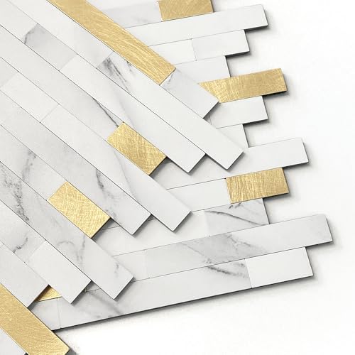 M MOFIT 3d Selbstklebende Fliesen Fliesenaufkleber Wandfliese Küche Mosaikfliesen Steinoptik Bad Wasserdicht(10 Matten,Weiß Gold) von M MOFIT