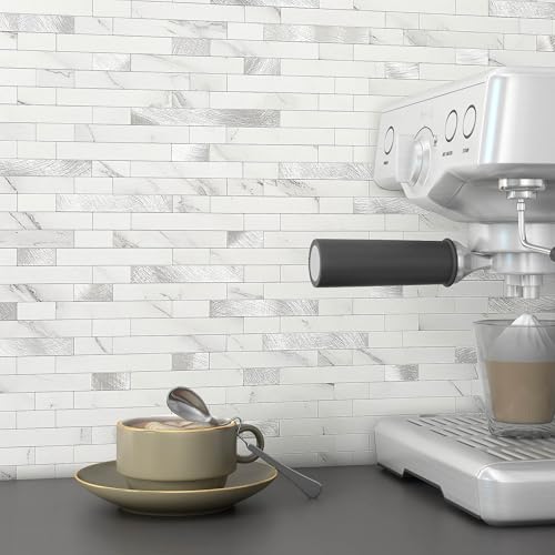 M MOFIT 3d Selbstklebende Fliesen Fliesenaufkleber Wandfliese Küche Mosaikfliesen Steinoptik Bad Wasserdicht(10 Matten,Weiß Silber) von M MOFIT