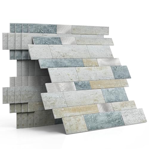 M MOFIT 3d Selbstklebende Wandfliesen Küche,Matte Marmor Mosaikfliesen Selbstklebend Steinoptik Metro Fliesen Ziegel Wandaufkleber Bad Wasserdichte(10 Matten,Blau Grün Grau） von M MOFIT