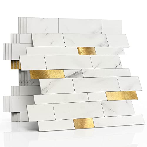 M MOFIT 3d Selbstklebende Wandfliesen Küche,Matte Marmor Mosaikfliesen Selbstklebend Steinoptik Metro Fliesen Ziegel Wandaufkleber Bad Wasserdichte(10 Matten,Weiß Gold） von M MOFIT
