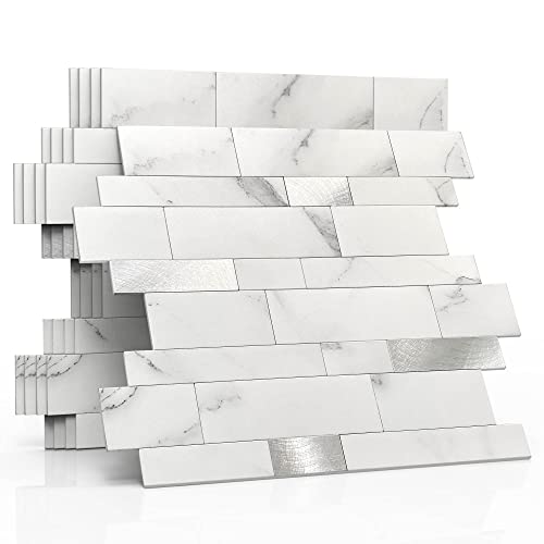 M MOFIT 3d Selbstklebende Wandfliesen Küche,Matte Marmor Mosaikfliesen Selbstklebend Steinoptik Metro Fliesen Ziegel Wandaufkleber Bad Wasserdichte(5 Matten,Weiß） von M MOFIT