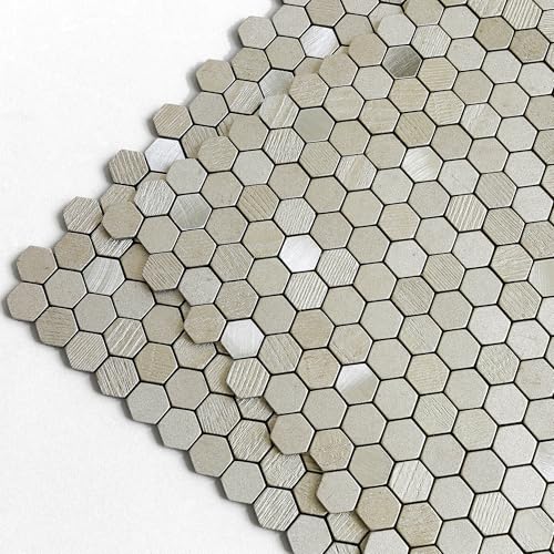 M MOFIT Kleine Fliesen Mosaik Aufkleber,Selbstklebende Wandfliesen Küche Sechseckige Kaminfliesen HitzebestäNdig(Champagner Silber 10 Stück) von M MOFIT