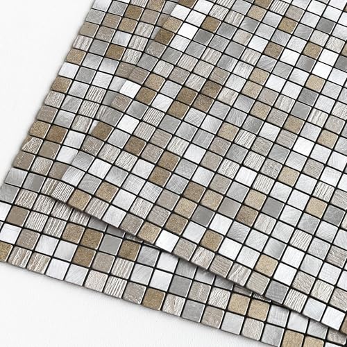 M MOFIT Mini Metallfliesen Selbstklebend Wandfliesen,Mosaik Fliesenaufkleber Selbstklebende Fliesen Quadratisch Küche Bad（Beige Champagner,5 Stücke) von M MOFIT