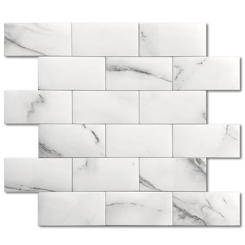 M MOFIT Mosaikfliesen Matte U Bahn Fliesen Selbstklebend,Fliesenaufkleber Marmor Optik Selbstklebende Fliesen Wasserdicht (Weiß 10 Stück) von M MOFIT