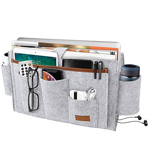 M MUNCASO Filz Nachttisch Tasche Bett Sofa Organizer Caddy Nachttisch Hängende Lagerung Organizer Tasche Bett Tasche mit Wasserflaschenhalter für Bücher, Tablet, Fernbedienung, Telefon, Brille, Stift von M MUNCASO