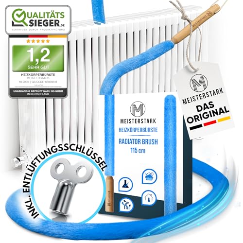 DIE ORIGINAL Heizungsbürste lang 115cm [NOTE 1,2]I Heizkörperbürste für Heizung reinigen & Heizkosten sparen I Radiator Cleaning Brush I Flexible Heizkörper Reinigungsbürste inkl. Entlüftungsschlüssel von M Meisterstark