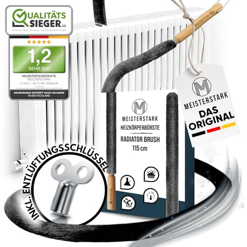 DIE ORIGINAL Heizkörperbürste lang 115cm [NOTE 1,2]I Heizungsbürste für Heizkörperreinigung I Flexible Heizungsreinigungsbürste I Heizungsreiniger I Heizung Reinigungsbürste inkl. Entlüftungsschlüssel von M Meisterstark