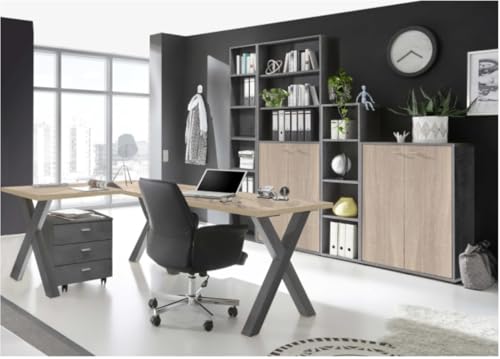 Büro Möbel Komplett Set Mister Office in Eiche Sägerau, Weiß oder Graphit – Komplett Sets Home Office Arbeitszimmer - Verschiedene Set Varianten wählbar (6 teilig in Graphit - Eiche Sägerau) von M Möbel-Direkt Deutschlands schnelle Möbel