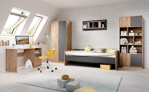 Jugendzimmer Karla in Artisan Eiche & Graphit Kinderzimmer Komplett Set - in verschiedenen Varianten mit Kleiderschrank, Jugendbett 90x200cm, Schreibtisch, Wandregal, Bücherregal (5 teilig) von M Möbel-Direkt Deutschlands schnelle Möbel