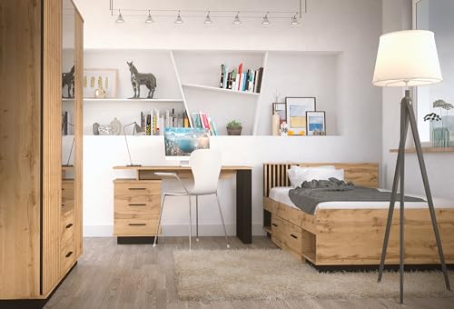Jugendzimmer Lamelo – Kinderzimmer Komplett Set in Eiche Wotan & Schwarz Matt, optional mit 7-Zonen-Kaltschaummatratze - Verschiedene Set Varianten (3 teilig) von M Möbel-Direkt Deutschlands schnelle Möbel
