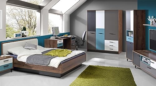 Jugendzimmer Raven - Kinderzimmer Komplett Set in Schlammeiche mit Grau kombiniert mit Weiß, Schwarz und Orientalisch Grün - Verschiedene Set Varianten (7 teilig mit Drehtürenkleiderschrank) von M Möbel-Direkt Deutschlands schnelle Möbel