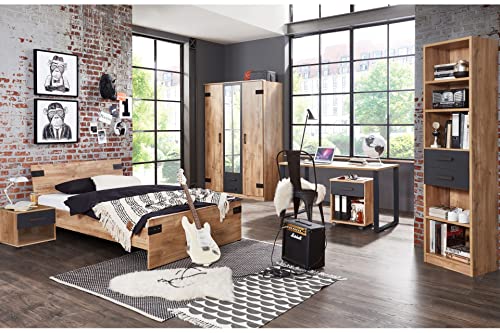 Modernes Jugendzimmer Liverpool in Plankeneiche und Graphit – Stilvolles Kinderzimmer Set mit wahlweise Matratze und Lattenrost (6 teilig Drehtürenschrank + 140er Bett) von M Möbel-Direkt Deutschlands schnelle Möbel