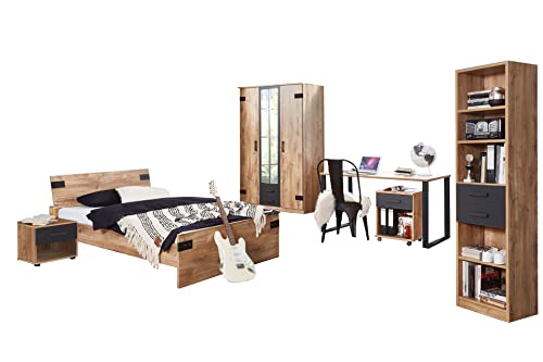 Modernes Jugendzimmer Liverpool in Plankeneiche und Graphit – Stilvolles Kinderzimmer Set mit wahlweise Matratze und Lattenrost (8 teilig Drehtürenkleiderschrank + 90er) von M Möbel-Direkt Deutschlands schnelle Möbel