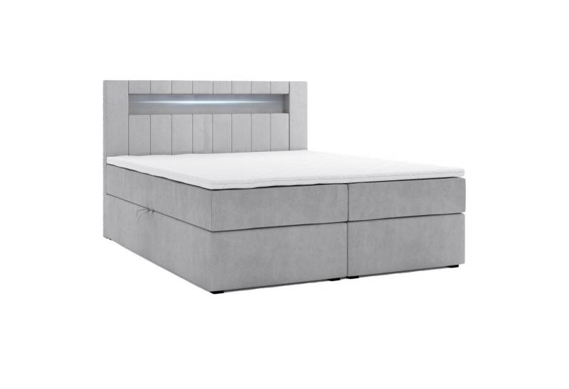 M-Punkt24 Boxspringbett Kuba (180 x 200 cm, Grau, LED Beleuchtung, VISCO Schaum Topper), inkl. Bettkasten und Topper von M-Punkt24